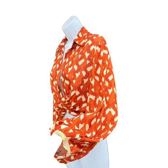 NWT Zara Midriff Crop Tie Top Blouse Linen Blend Size XS Printed Beaded - Picture 4 of 10